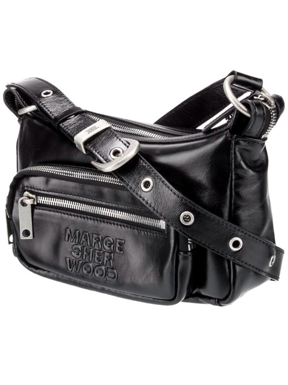 Marge Sherwood Black Leather Crossbody Bag with Grommet Strap